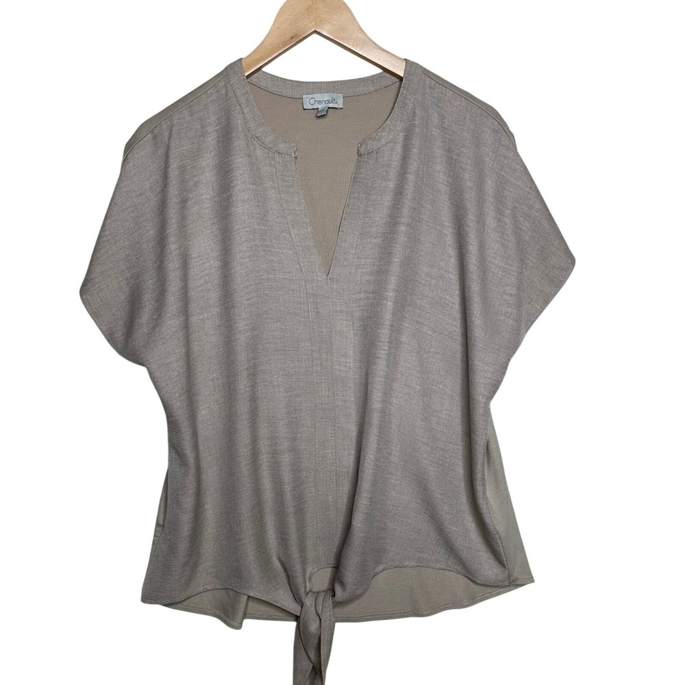 Chenault Women's Split V-neck Tie Front Blouse size Large Taupe Tan